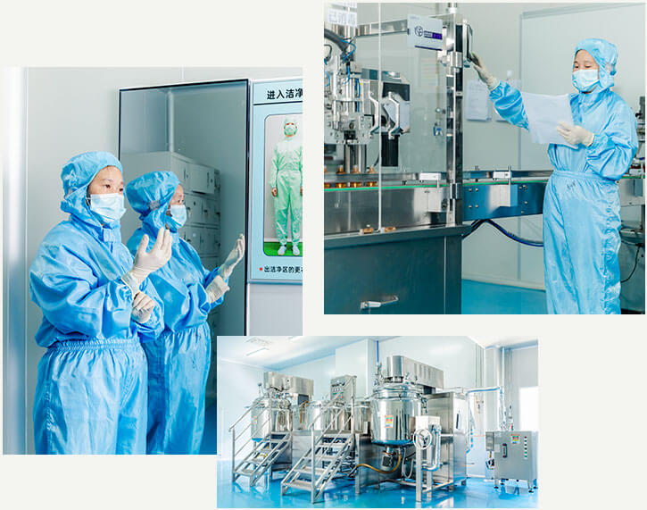 a female worker wears gloves, masks and anti bacteria uniform before entering the cleanroom